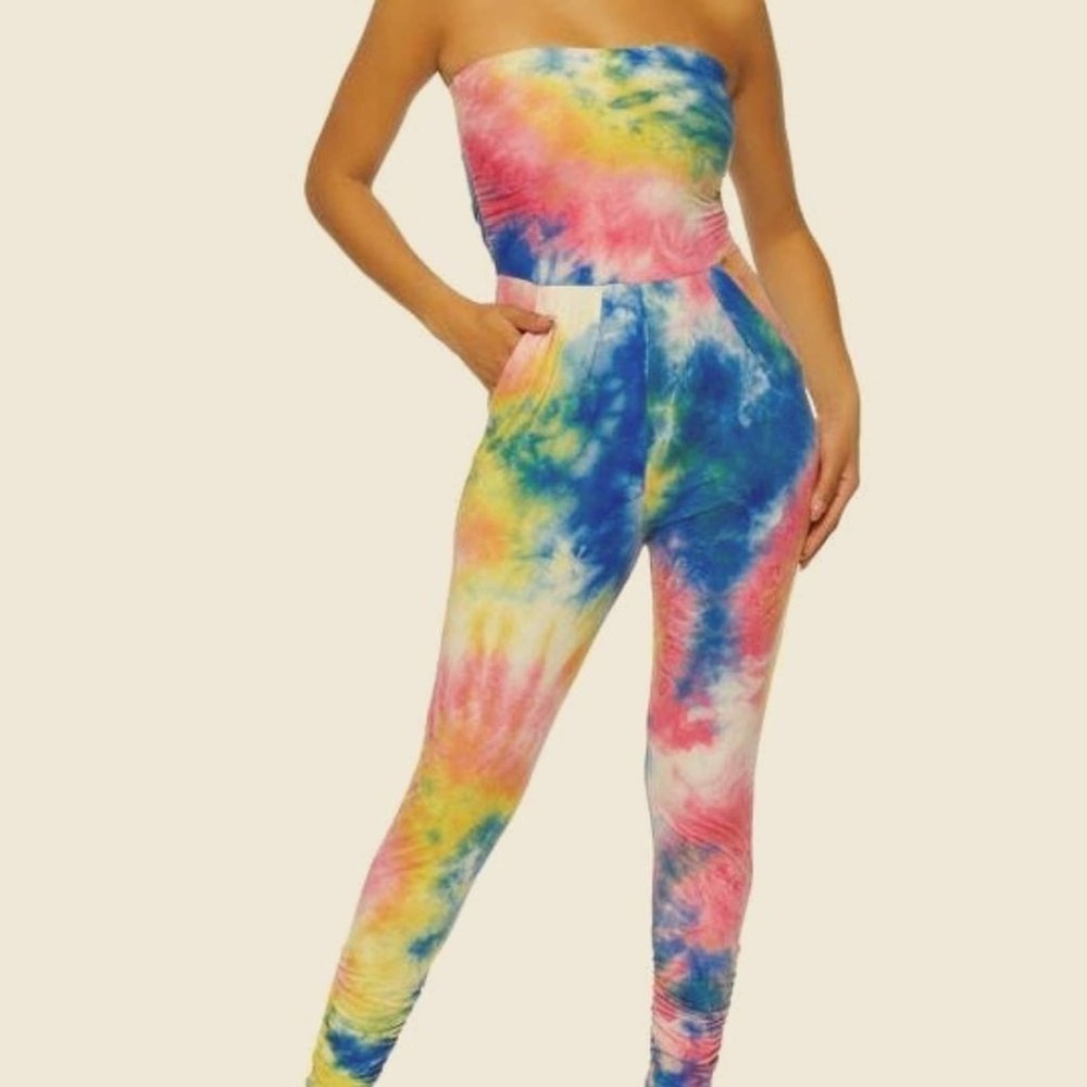 Strapless Multicolored Tie Dye Ruched Leg Pocketed Jumpsuit